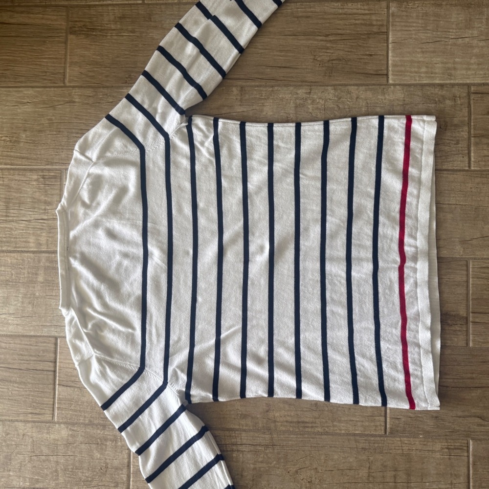 Tommy Hilfiger Womens XL White Striped V-Neck Sweater Rhinestone Anchor Nautical - Picture 9 of 11